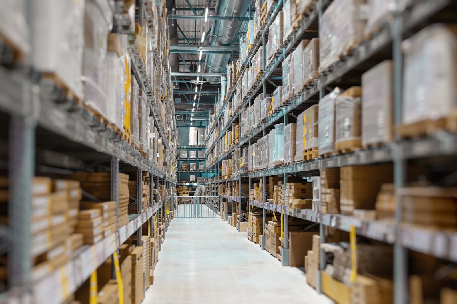 Food distribution warehouse with stocked shelves